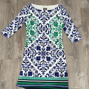 Vince Camuto Blue and Green Floral Long Sleeve Dress